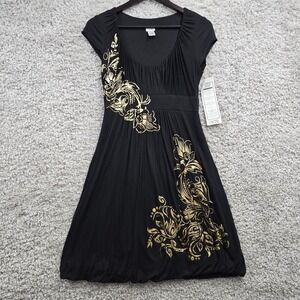 Cache Dress Womens Medium Black Mini Gold Floral Goth Y2K Retro Fairy Grunge